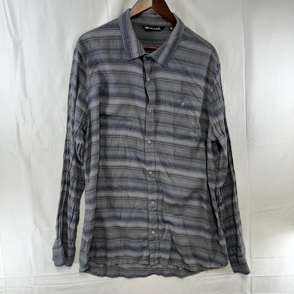 Travis Mathew Button Up Mens XXL Grey Blue Striped Long Sleeve Shirt